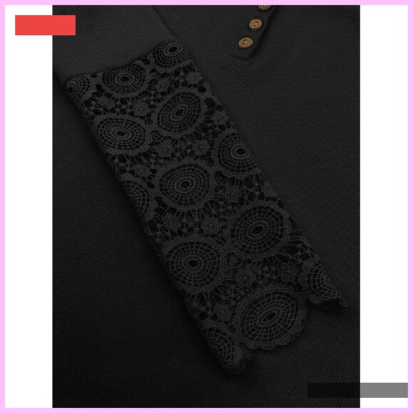 Long Sleeve Lace Trim Tunic Blouse Button Down Crew Neck Ribbed Shirt - Picture 4 of 4